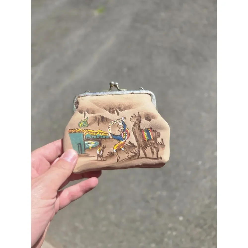 Vintage Wallet Hand Painted Soft Leather Cigarette Coin Purse Lock Case Pouch